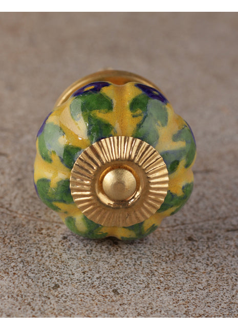Multicolor Flower And Leaf Design On Yellow Ceramic Door Knob