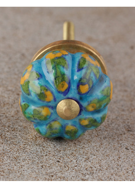 Turquoise Base Ceramic Bathroom Cabinet Knob With Yellow Flowers