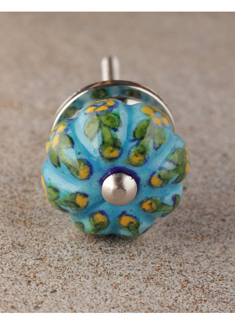 Turquoise Base Ceramic Bathroom Cabinet Knob With Yellow Flowers