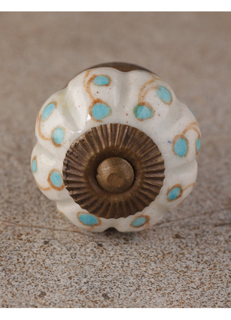 White Base Ceramic Wardrobe Cabinet Knob With Turquoise Dots