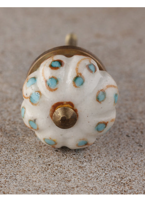 White Ceramic Melon Shaped Drawer Cabinet Knob With Turquoise Design