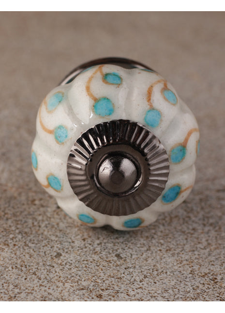 White Base Ceramic Wardrobe Cabinet Knob With Turquoise Dots