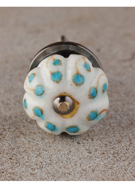 White Ceramic Melon Shaped Drawer Cabinet Knob With Turquoise Design
