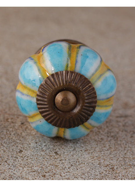 Turquoise Flower With Yellow Base Melon Shaped Drawer Knob