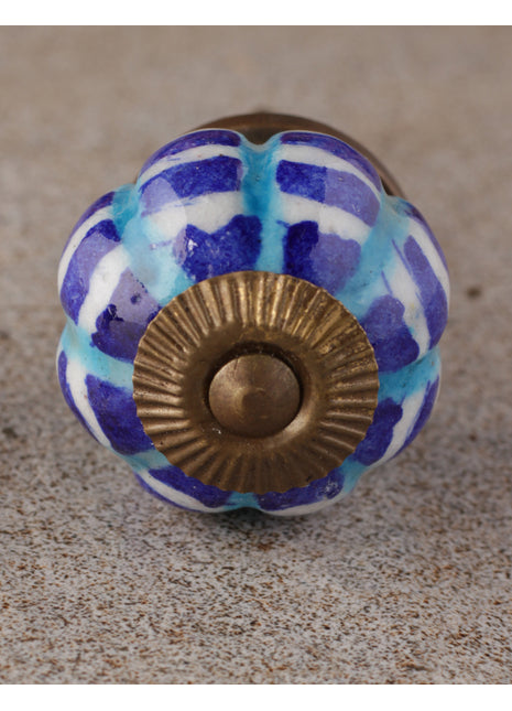 Designer White Ceramic Kitchen Cabinet Knob With Blue And Turquoise Design