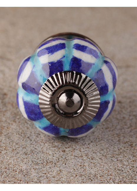 Designer White Ceramic Kitchen Cabinet Knob With Blue And Turquoise Design