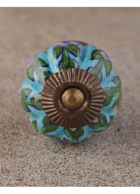 Turquoise Base Ceramic Dresser Cabinet Knob With Pink Flowers