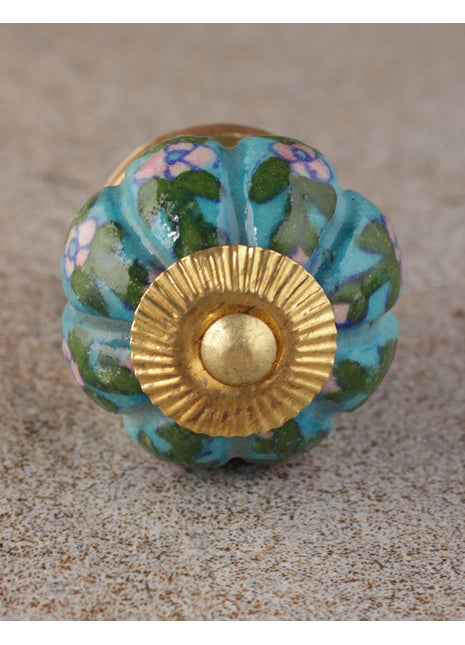 Turquoise Base Ceramic Dresser Cabinet Knob With Pink Flowers