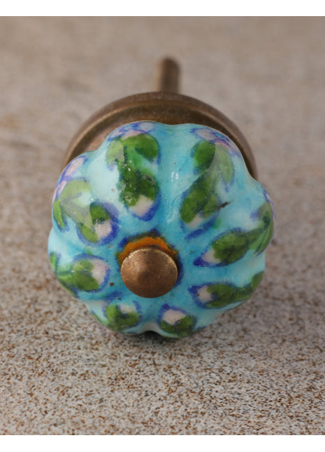Multicolor Flower And Leaf Design On Turquoise Ceramic Door Knob
