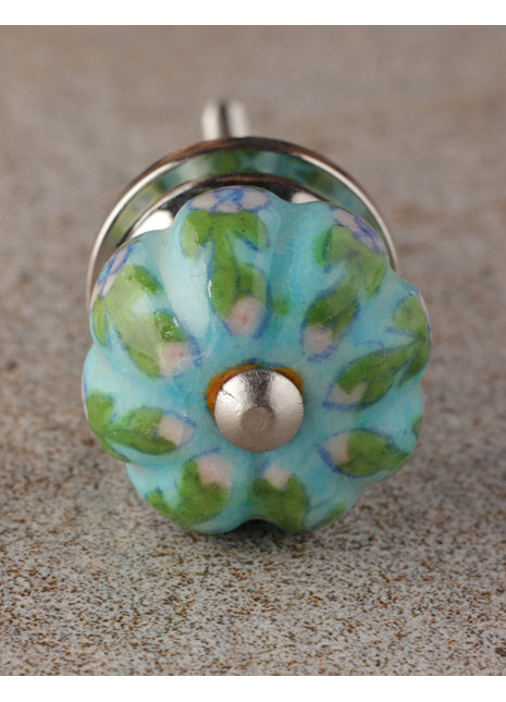 Multicolor Flower And Leaf Design On Turquoise Ceramic Door Knob