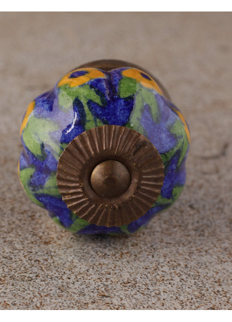Blue Base Ceramic Dresser Cabinet Knob With Yellow Flowers