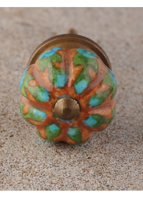 Turquoise Flowers And Green Leaf With Brown Base Melon Knob