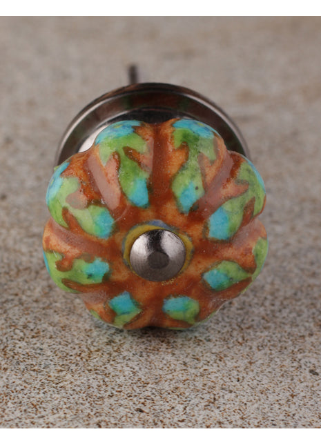 Turquoise Flowers And Green Leaf With Brown Base Melon Knob