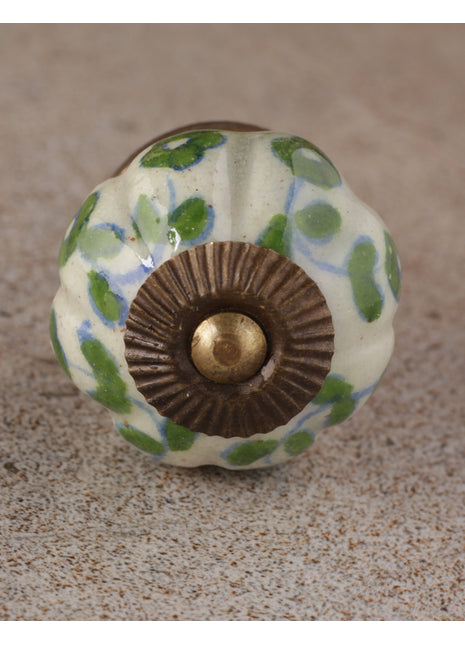 White Ceramic Melon Shaped Dresser Cabinet Knob With Green Design