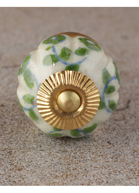 White Ceramic Melon Shaped Dresser Cabinet Knob With Green Design