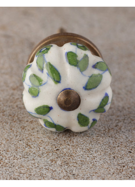 Green Leaf Pattern On White Ceramic Bathroom Cabinet Knob