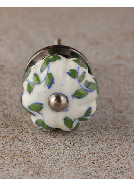 Green Leaf Pattern On White Ceramic Bathroom Cabinet Knob