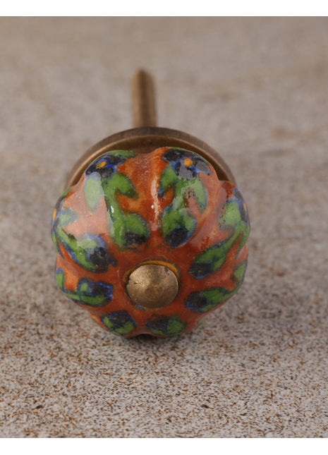 Blue Flower and Green Leafs with Brown Base Ceramic Kitchen Cabinet Knob