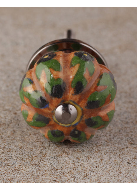 Blue Flower and Green Leafs with Brown Base Ceramic Kitchen Cabinet Knob