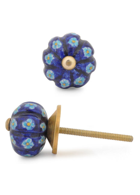 Royal Blue Melon Shaped Ceramic Bathroom Knob With Turquoise Flowers