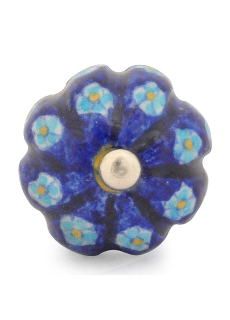 Royal Blue Ceramic Bathroom Knob With Turquoise Flowers