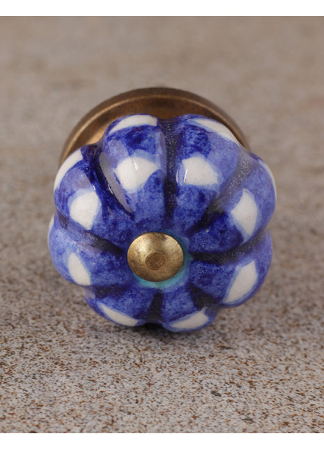 Royal Blue Ceramic Melon Shaped Drawer Knob With White Print