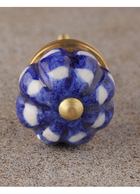 Royal Blue Ceramic Melon Shaped Drawer Knob With White Print