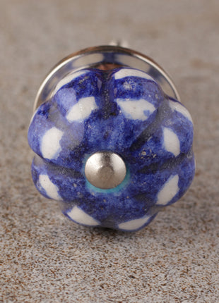 Royal Blue Ceramic Melon Shaped Drawer Knob With White Print