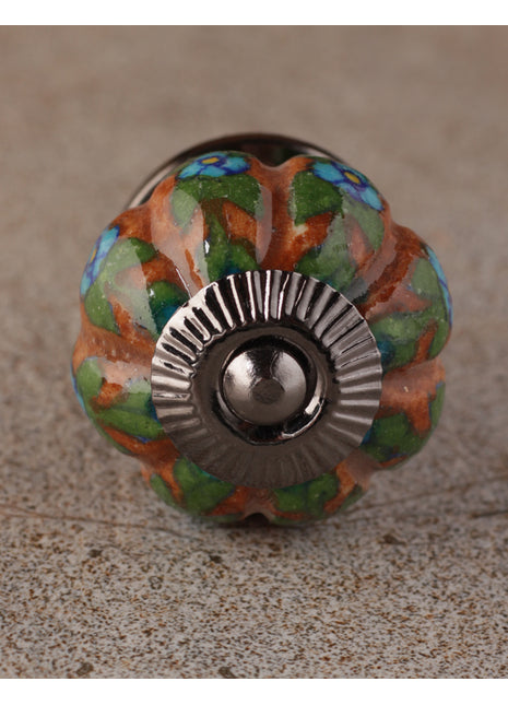 Turquoise Ceramic Base Wardrobe Cabinet Knob With Brown And Green Print