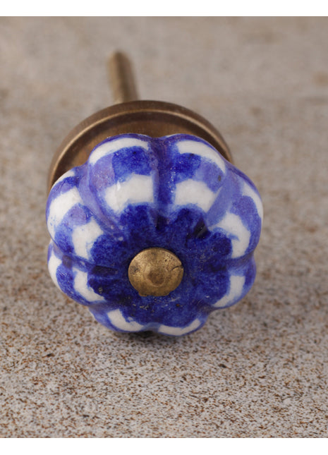 Designer Blue Ceramic Melon Shaped Kitchen Cabinet Knob With White Print