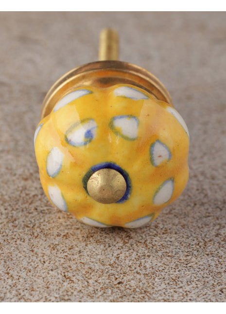 Vintage Yellow Ceramic Melon Shaped Cupboard Knob With White Print