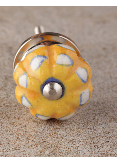 Vintage Yellow Ceramic Melon Shaped Cupboard Knob With White Print