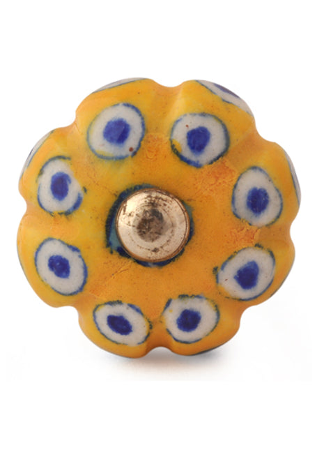 Stylish Yellow Kitchen Cabinet Knob With White And Blue Design
