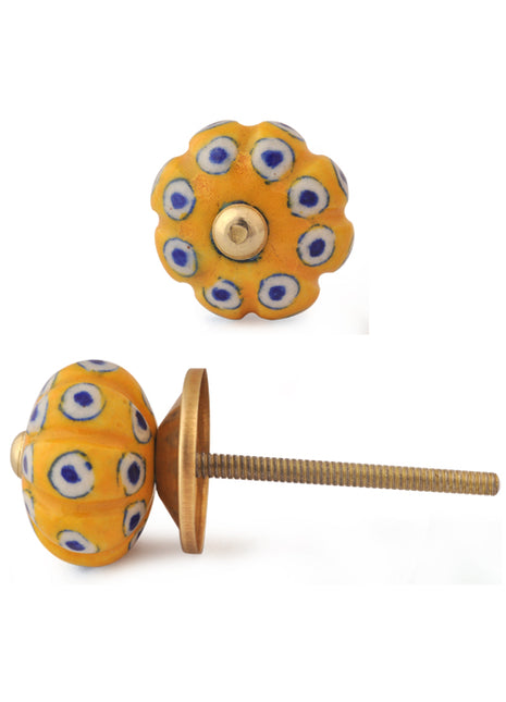 Stylish Yellow Kitchen Cabinet Knob With White And Blue Design