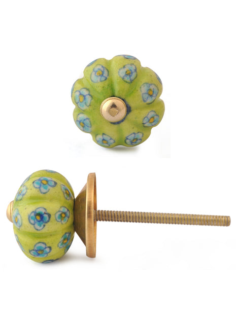 Lime Green Base Kitchen Cabinet Knob With Turquoise And Yellow Flower