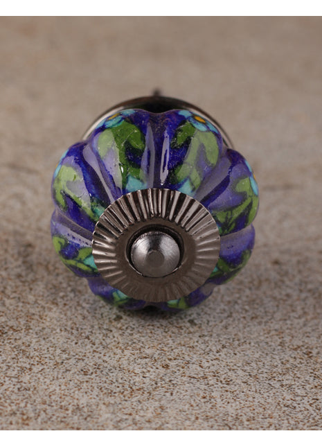 Turquoise Flowers And Green Leaf with Blue Base Melon Knob