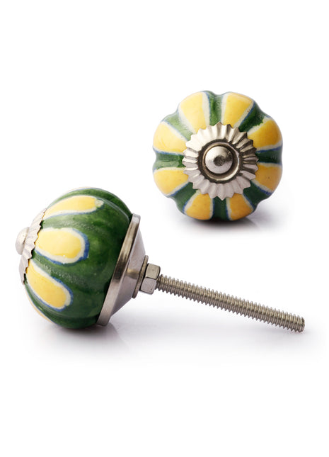 Yellow Flower On Green Base Melon Shaped Drawer Cabinet Knob