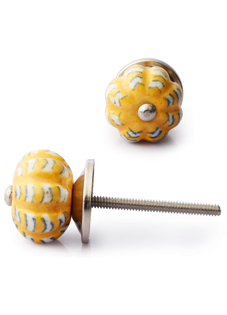 Yellow And White Ceramic Melon Shaped Dresser Cabinet Knob