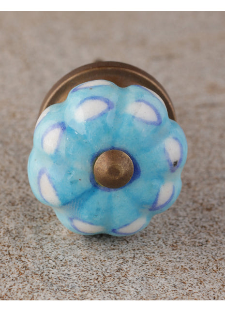 Antique Turquoise Ceramic Melon Shaped Kitchen Cabinet Knob With White Print
