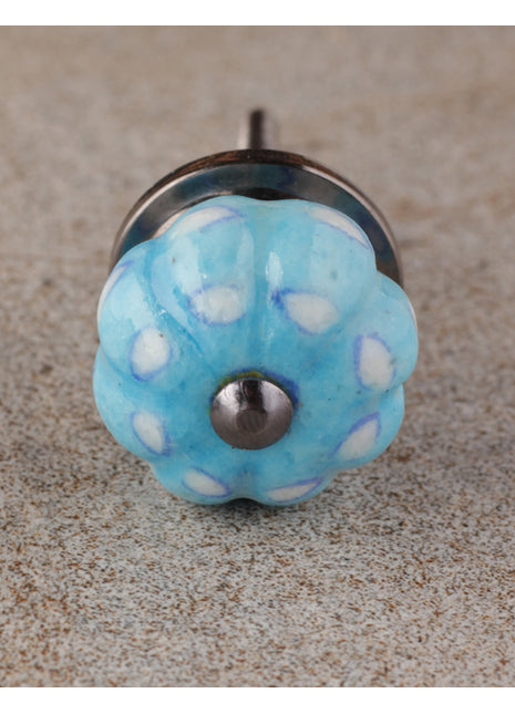 Antique Turquoise Ceramic Melon Shaped Kitchen Cabinet Knob With White Print