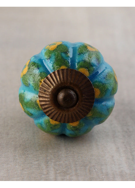 Yellow Flower and Green Leafs with Turquoise Base Ceramic Door Knob
