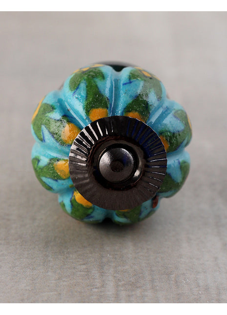 Yellow Flower and Green Leafs with Turquoise Base Ceramic Door Knob