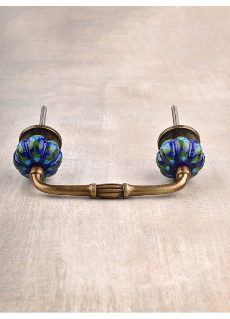 Turquoise Flower and Green Leafs with Blue Base Ceramic Pull