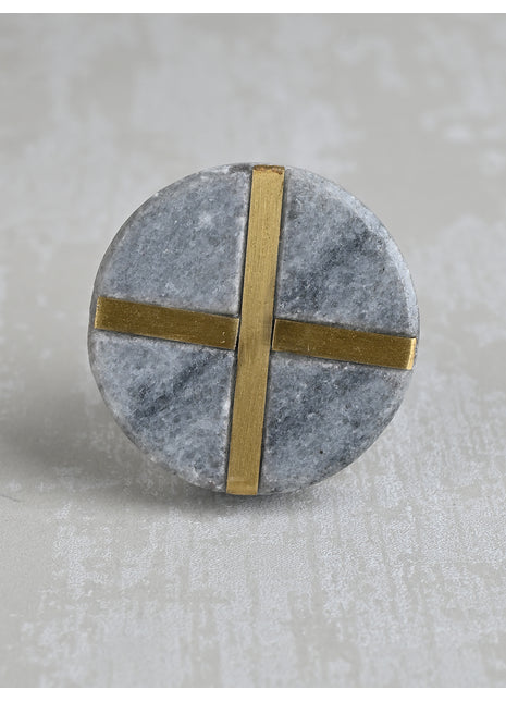 Round Marbled Stone and Brass Cross Line Cupboard Door Knob | Circular Stone and Golden Brass Drawer Knobs