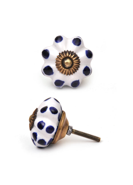 White Flower Shaped Kitchen Cabinet Knob With Blue Polka Dots