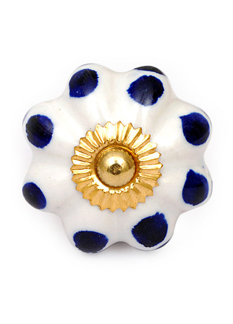 White Flower Shaped Kitchen Cabinet Knob With Blue Polka Dots