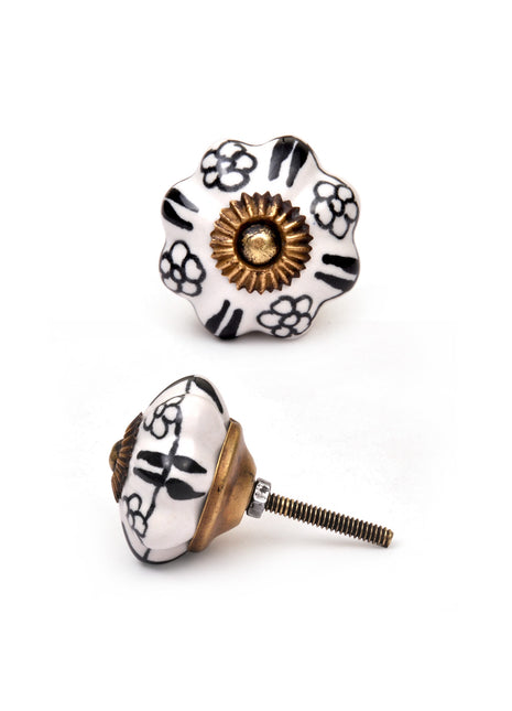 White Flower Shaped Dresser Cabinet Knob With Black Flowers