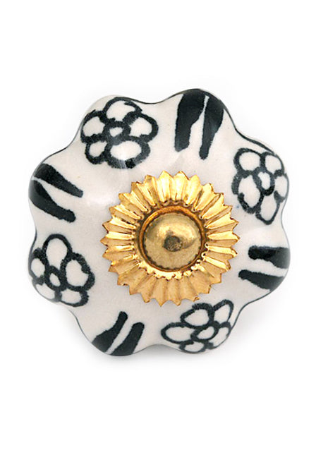 White Flower Shaped Dresser Cabinet Knob With Black Flowers