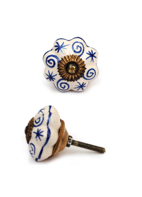 White Ceramic Kitchen Cabinet Knob With Blue Design