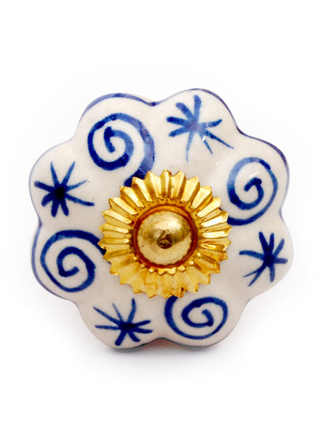 White Ceramic Kitchen Cabinet Knob With Blue Design